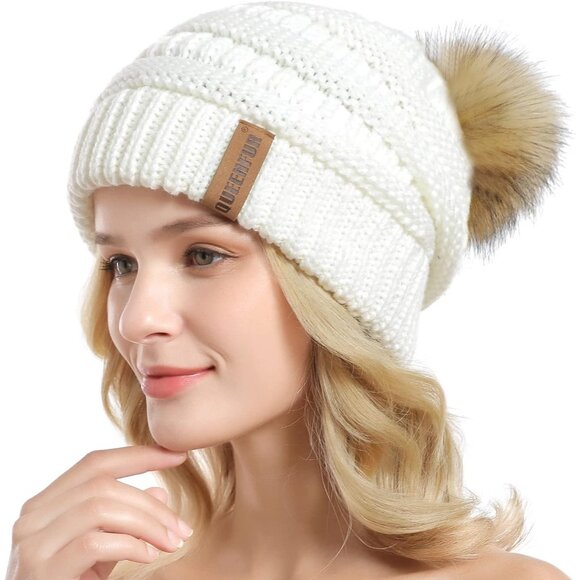 Women White 2 Soft Acrylic Thick Baggy Knit Winter Faux Fur Pompom Beanie - Picture 3 of 6